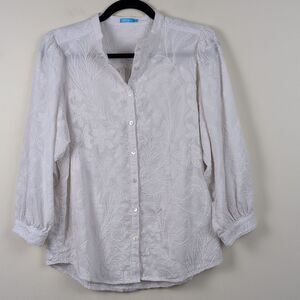 J. McLaughlin White Embroidered Floral Button Front Blouse 3/4 Length Sleeves